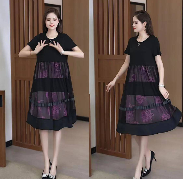 2025夏季新款時尚假兩件寬鬆遮肚網紗連衣裙 2025夏季新款時尚假兩件寬鬆遮肚網紗連衣裙